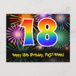 [ Thumbnail: 18th Birthday – Fun Fireworks Pattern + Rainbow 18 Postcard ]