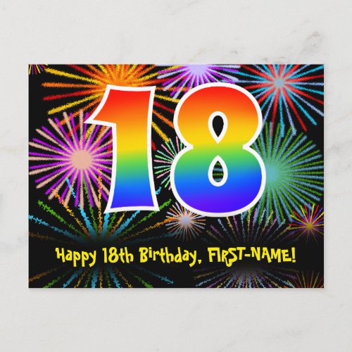 18th Birthday â Fun Fireworks Pattern  Rainbow 18 Postcard