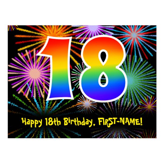 18th Birthday – Fun Fireworks Pattern + Rainbow 18 Postcard | Zazzle.com