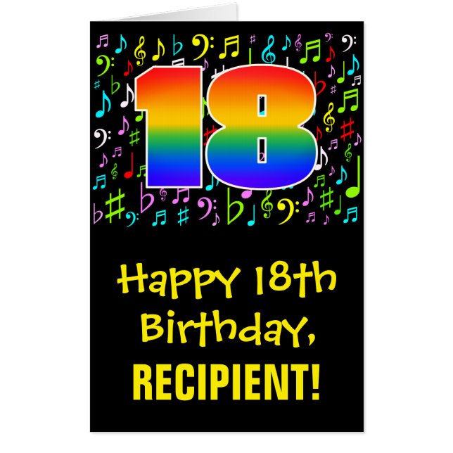 18th Birthday: Fun Music Symbols + Rainbow # 18 Card (Front)