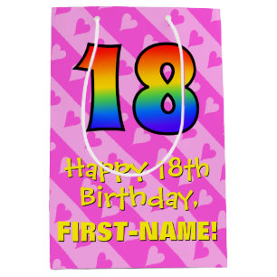 18th Birthday: Fun Pink Hearts Stripes; Rainbow 18 Medium Gift Bag