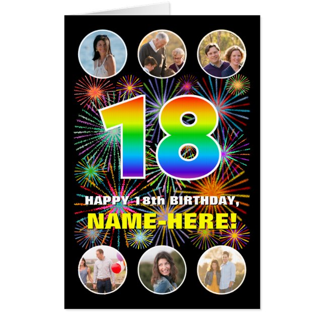 18th Birthday: Fun Rainbow #, Custom Name + Photos Card (Front)