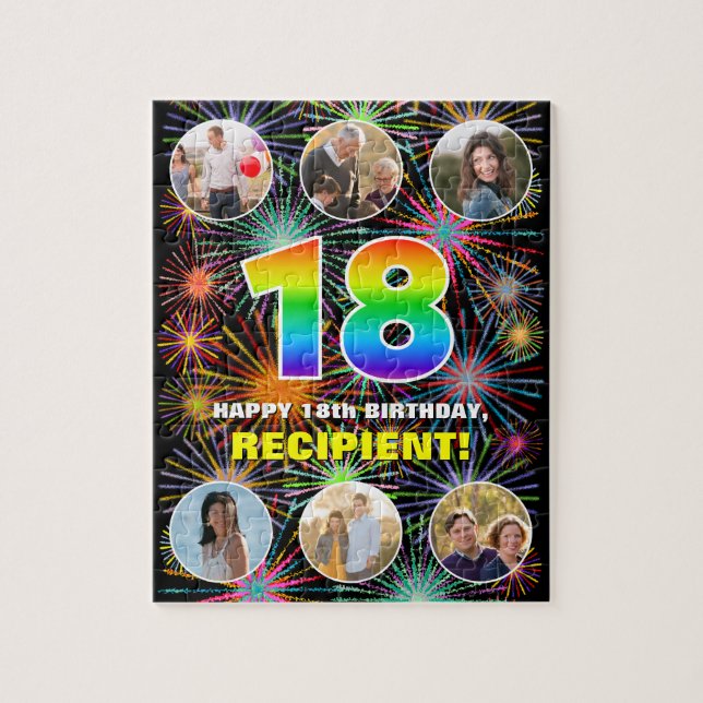 18th Birthday: Fun Rainbow #, Custom Name + Photos Jigsaw Puzzle (Vertical)