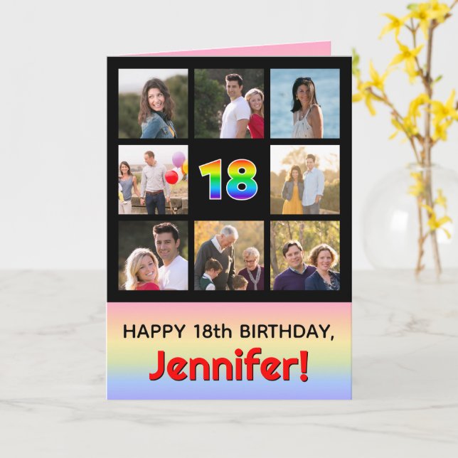 18th Birthday: Fun Rainbow #, Custom Photos + Name Card (Yellow Flower)