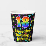 [ Thumbnail: 18th Birthday: Fun Stars Pattern and Rainbow 18 Paper Cups ]