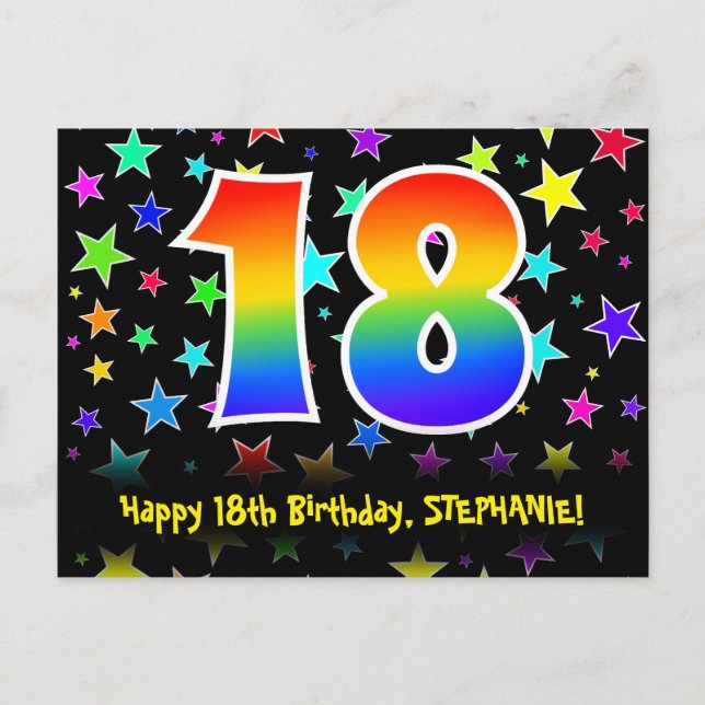 18th Birthday: Fun Stars Pattern, Rainbow 18, Name Postcard (Front)