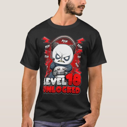 18th Birthday Gamer Panda Level 18 Unlocked Gaming T_Shirt