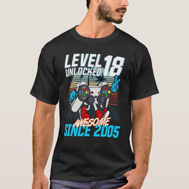 18th Birthday Gaming Level 18 Unlocked Awesome Sin T-Shirt (Front)