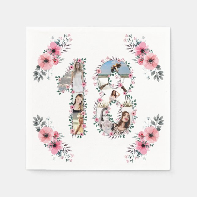 18th Birthday Girl Flower Photo Collage White Napkins (Front)