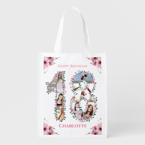 18th Birthday Girl Photo Collage Pink Flower White Grocery Bag