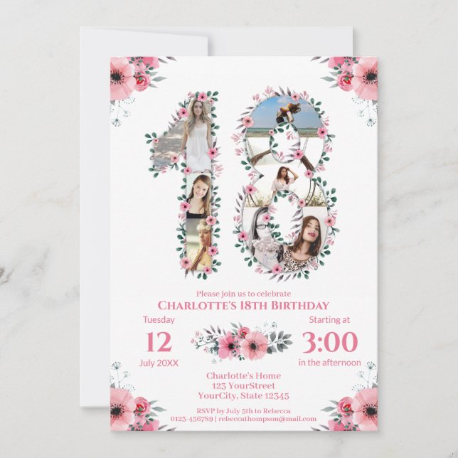 18th Birthday Girl Photo Collage Pink Flower White Invitation (Front)