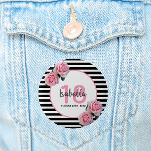 18th birthday girly pink roses black white stripes button