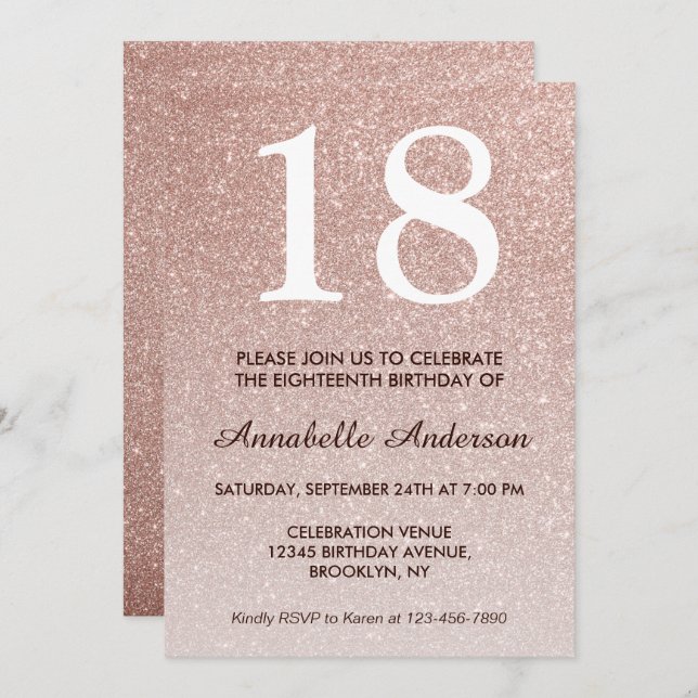 18th Birthday Glam Pink Rose Gold Glitter Ombre Invitation (Front/Back)