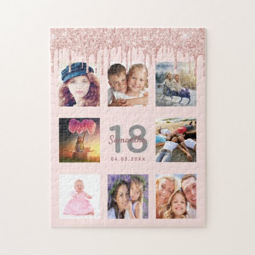 18th birthday glitter drips photo rose gold pink jigsaw puzzle