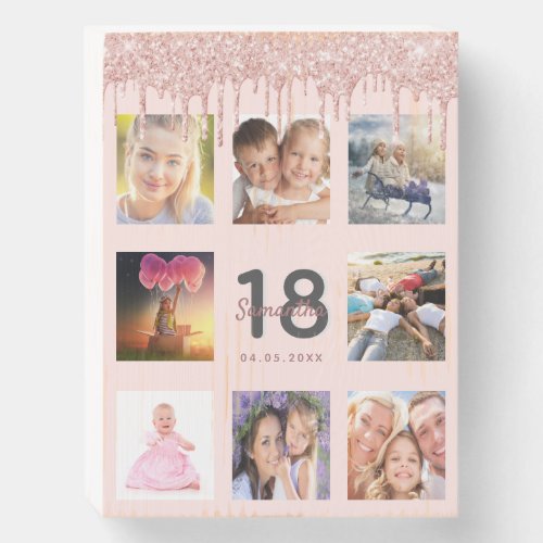 18th birthday glitter drips photo rose gold pink wooden box sign