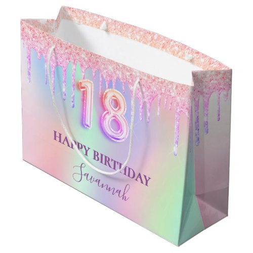 18th birthday glitter pink drips rainbow monogram large gift bag