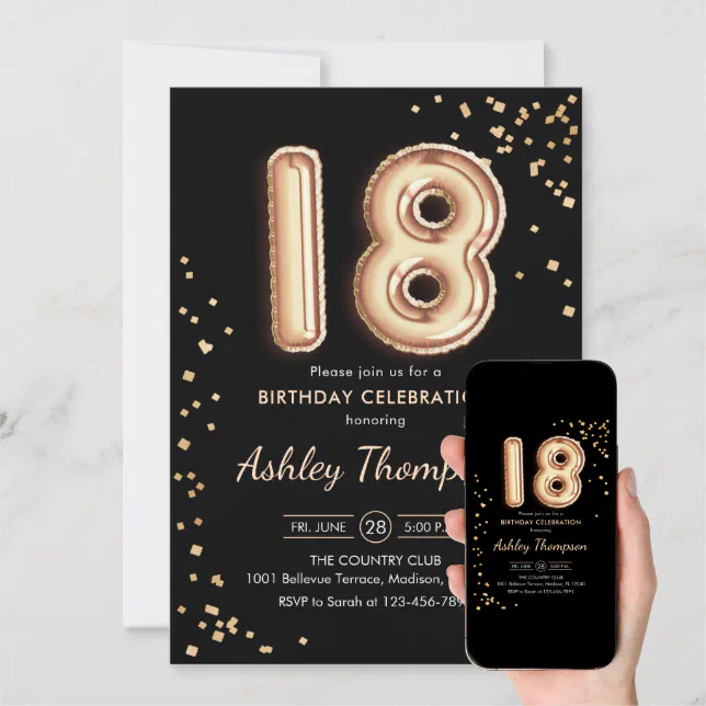 18th Birthday - Gold Balloons Black Invitation 