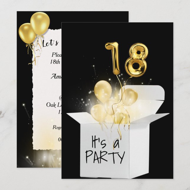 18th Birthday Gold Balloons In White Box    Invitation (Front/Back)