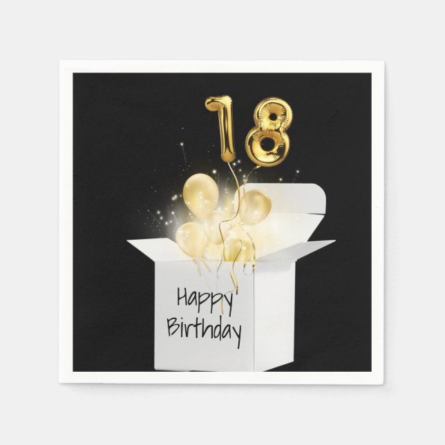 18th Birthday Gold Balloons In White Box  Napkins (Front)