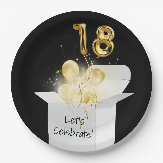 18th Birthday Gold Balloons In White Box Paper Plates (Front)