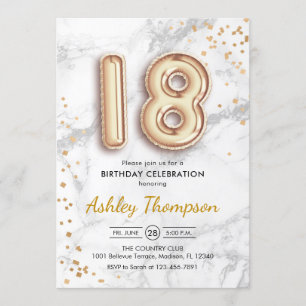 18th Birthday - Gold Balloons Marble Effect Invitation