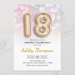 18th Birthday - Gold Balloons Pink Lights Invitation