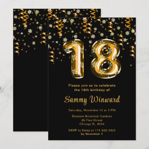 18th Birthday Gold Balloons Snowflake Confetti Invitation