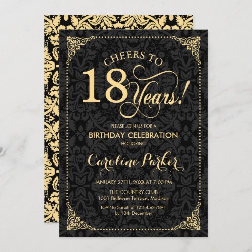 18th Birthday - Gold Black Damask