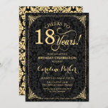 18th Birthday - Gold Black Damask Invitation<br><div class="desc">18th Birthday Invitation
Elegant vintage black and faux gold design with damask pattern. Features script font. Cheers to 18 years! Can be personalized into any age! Message me if you need further customization.</div>