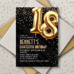 18th Birthday Gold Black Invitation<br><div class="desc">A birthday design that cuts straight to the celebration-no messing around. Featuring bold numbers styled to look like foil balloons with sparkling confetti all around, this design brings instant party vibes. The gold and black color scheme and art deco text elevate the design, adding a sophisticated touch. Perfect for that...</div>