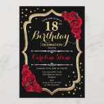 18th Birthday - Gold Black Red Roses Invitation<br><div class="desc">18th birthday celebration invitation.
Elegant black design with faux glitter gold and red roses. Perfect for an elegant birthday party. Can be customized into any age.</div>