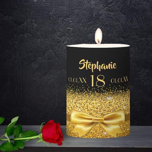 18th birthday gold bow black name age pillar candle