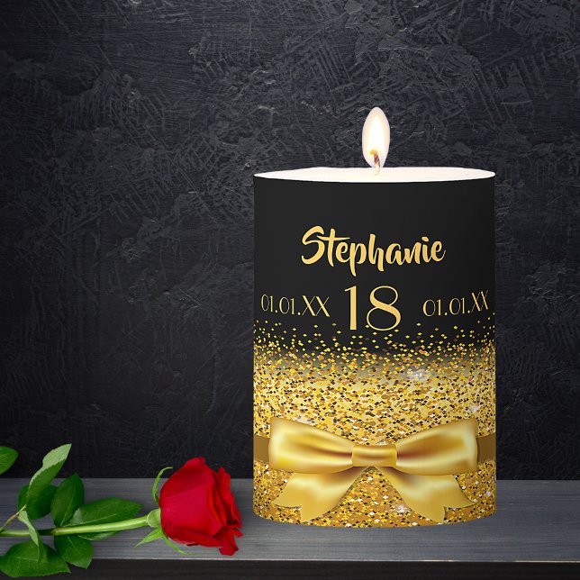 18th birthday gold bow black name age pillar candle (Creator Uploaded)