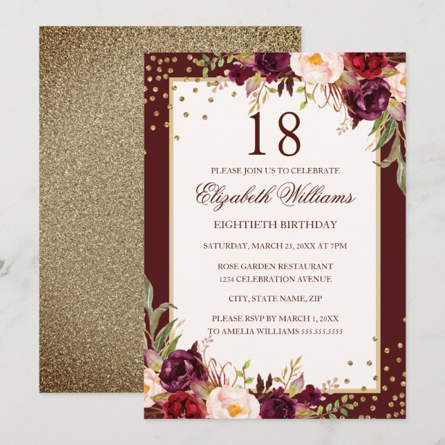 18th Birthday Gold Burgundy Floral Invitation (Front/Back)