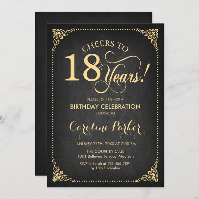 18th Birthday - Gold Chalkboard Invitation (Front/Back)