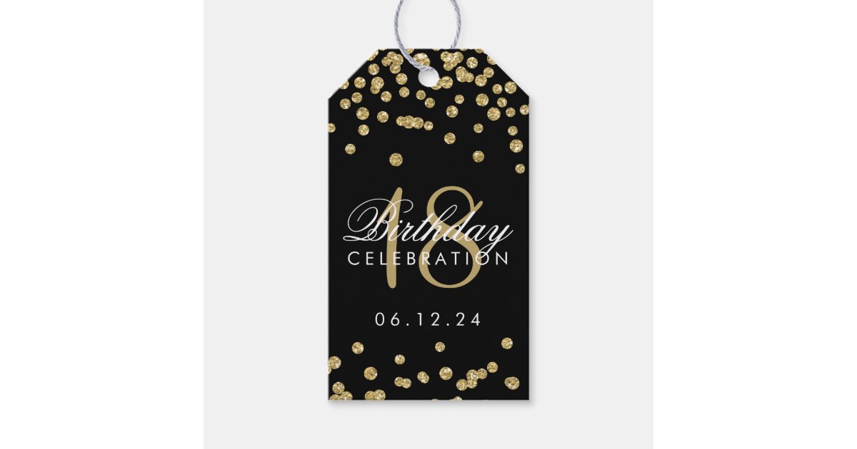 18th Birthday Gold Faux Glitter Confetti Black Gift Tags | Zazzle