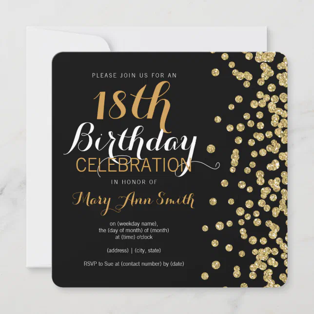 18th Birthday Gold Faux Glitter Confetti Black Invitation | Zazzle