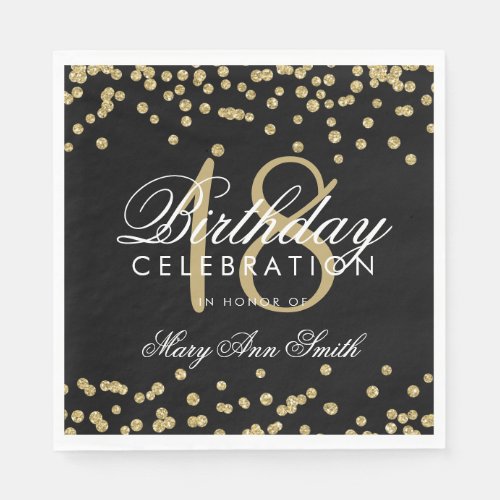 18th Birthday Gold Faux Glitter Confetti Black Paper Napkins
