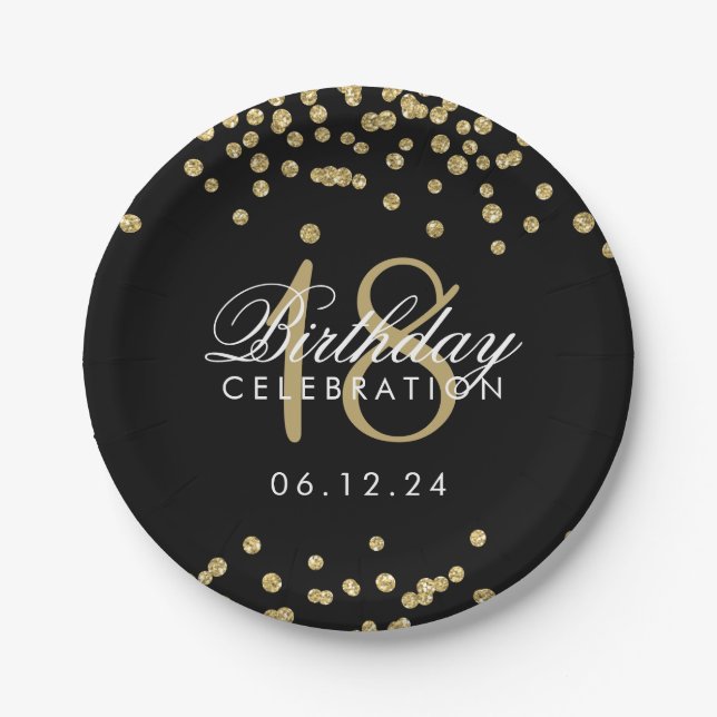 18th Birthday Gold Faux Glitter Confetti Black Paper Plates (Front)
