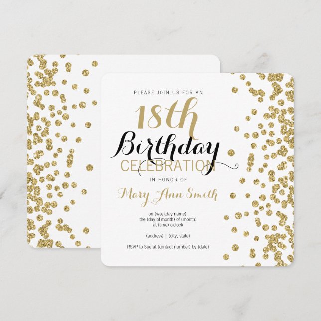 18th Birthday Gold Faux Glitter Confetti White Invitation (Front/Back)