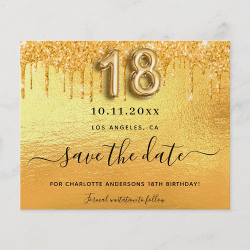 18th birthday gold glitter budget save the date
