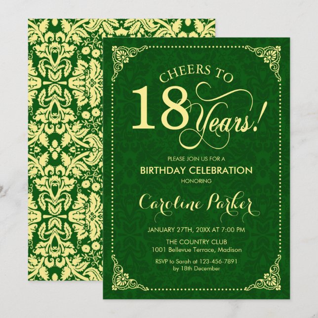 18th Birthday - Gold Green Damask Invitation (Front/Back)