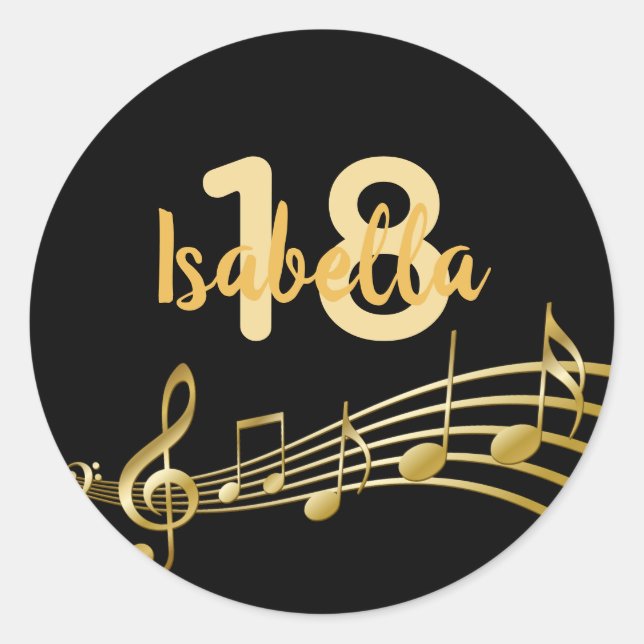 18th birthday gold music notes on elegant black classic round sticker (Front)