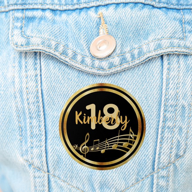 18th birthday gold music notes on stylish black button (Creator Uploaded)