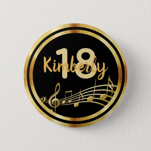 18th birthday gold music notes on stylish black button