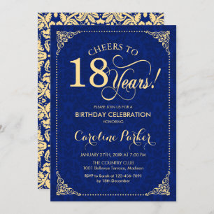 18th Birthday - Gold Navy Blue Damask Invitation