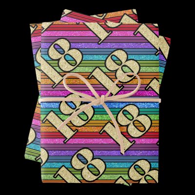 18th Birthday Gold Numbers Rainbow Stripe Glitter Wrapping Paper Sheets