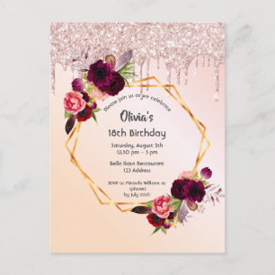 18th birthday gold pink burgundy invitation postcard