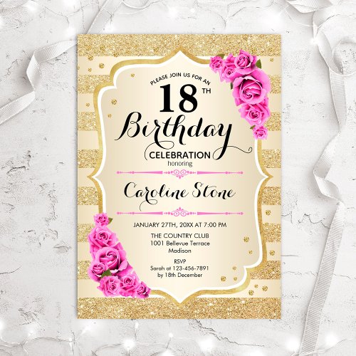 18th Birthday _ Gold Stripes Pink Roses Invitation