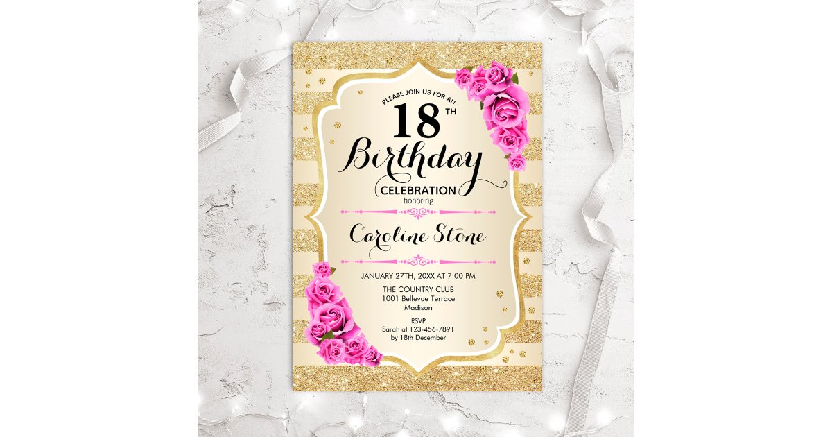 18th Roses Design 18th Birthday - Gold Stripes Pink Roses Invitation | Zazzle